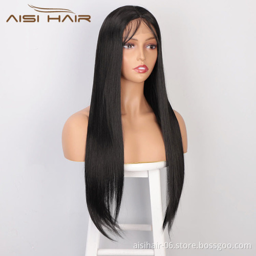 Aisi Hair Long Natural Straight Black Wig With Baby Hair Bangs Swiss Lace Wig Synthetic Lace Frontal Hair Wigs For Black Women